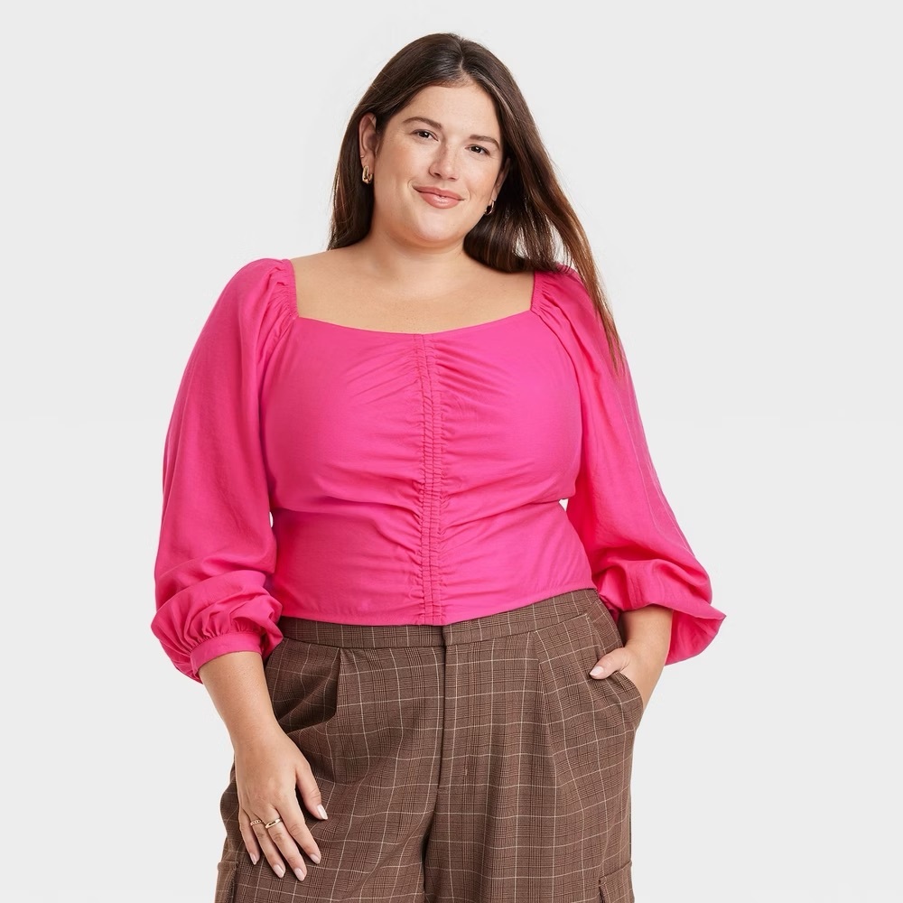 A New Day Ruched Blouse Pink 4X Puff Sleeve Square Neck NWT